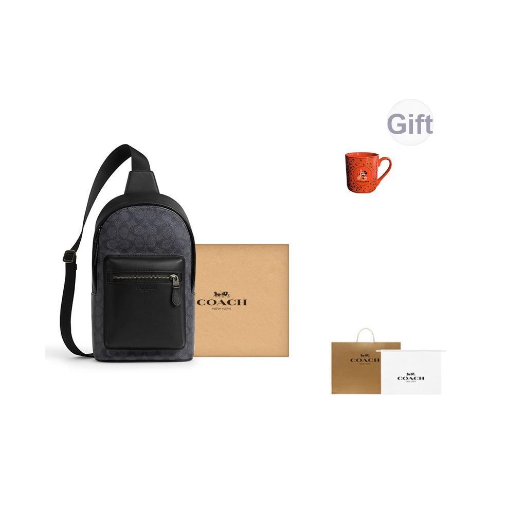 Coach West Pack 20 Kovové Logo Uzavírání na Zip Potahované Plátno Crossbody Taška přes Hrudník Malé Pánské tašky Uhlově Černá CV924-QBMI5