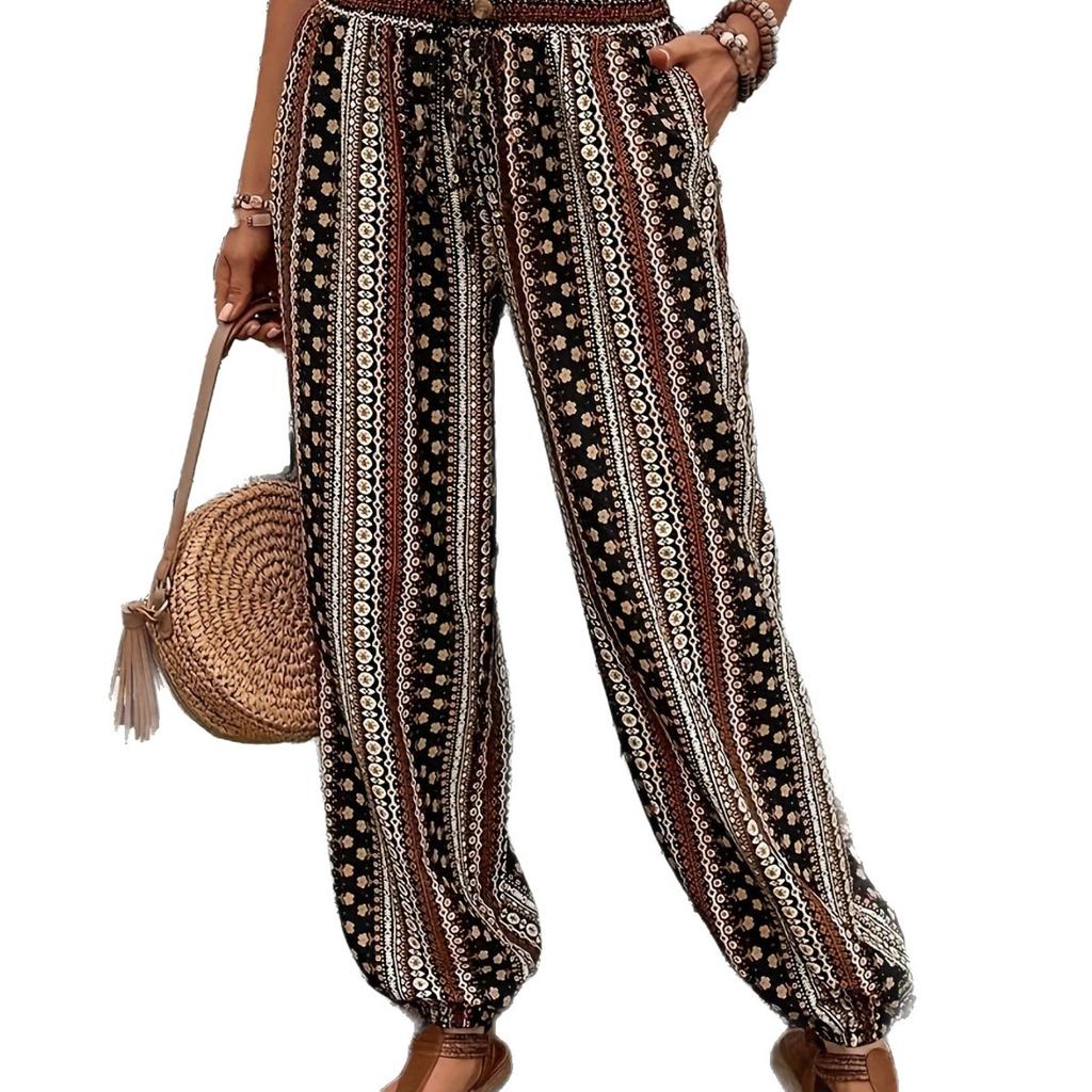 Frühling/Sommer Damen Böhmischer Ethno-Print Locker Schlankmachend Drapierte Elastische Taille Aufgeschlagene Lässige Hose