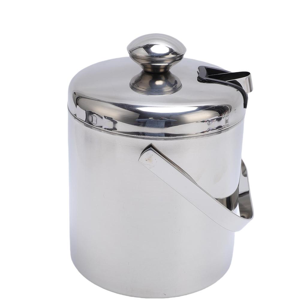 Ice Bucket 1.3L 304 Stainless Steel Double Wall Insulated Ice Cube Bucket with Tongs Strainer Lid for Red Wine Cocktail