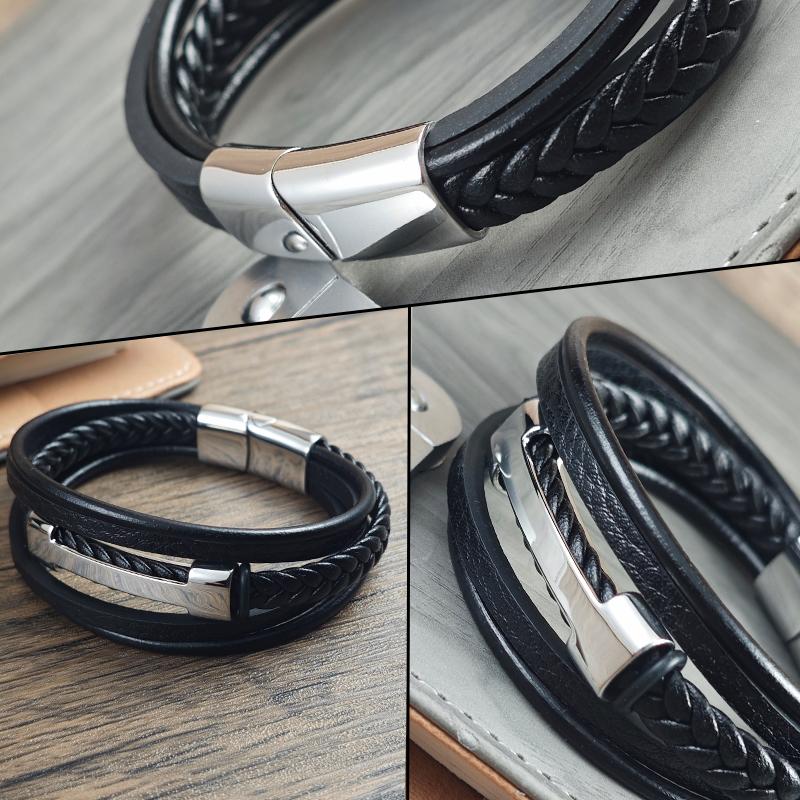 Charm Black Leather Multi-layer Rope Woven Men's Bracelet Stainless Steel I-shaped Magnetic Buckle Men's Jewelry Gift Bracelet