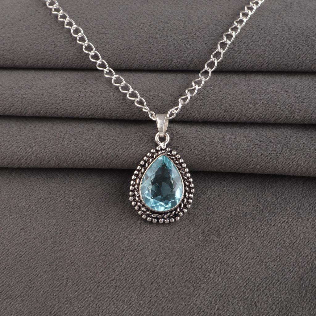 Sky Blue Topaz Gemstone Silver Handmade Pendant 1.5", 925 Sterling Silver Jewelry APP-2-8