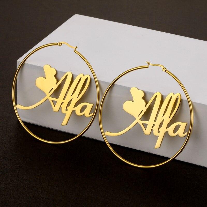 

30-70 мм большие серьги-кольца, именные серьги из нержавеющей стали для женщин, серьги с табличкой на Рождество, подарок на Новый год