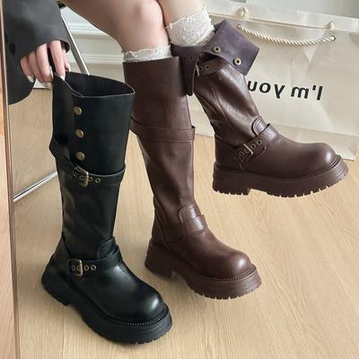 New Tall Knight Boots 2025 Boots Autumn and Winter Thick-soled Thin Thick Heel Belt Buckle British Retro Boots Women