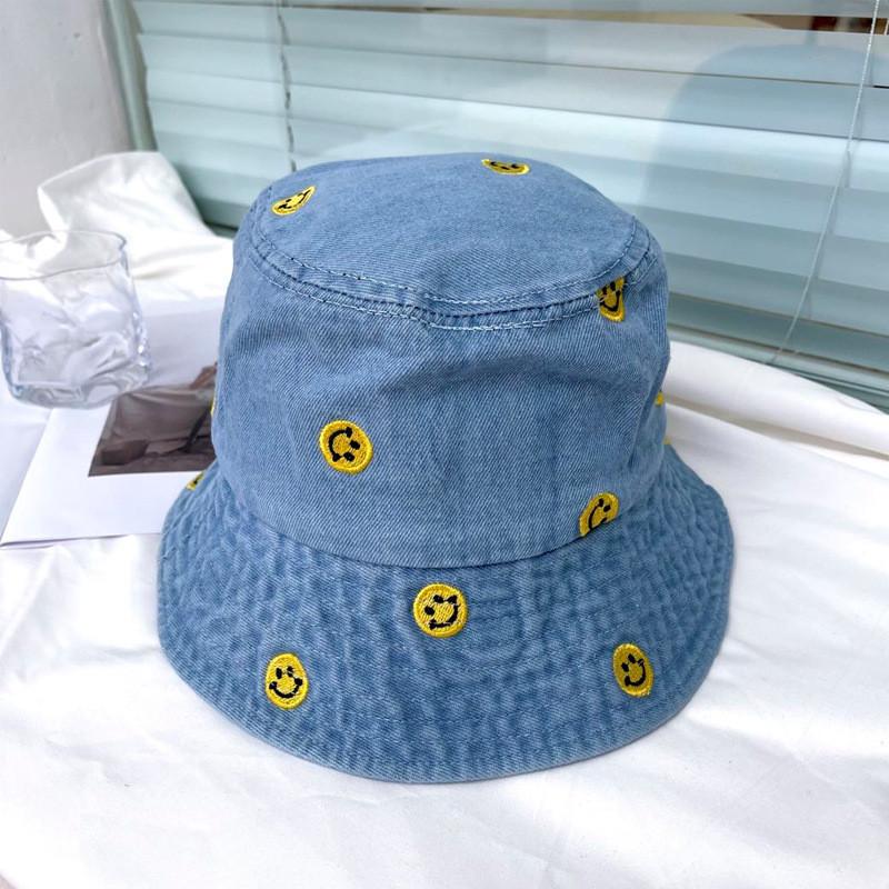 Simple Smiley Face Casual Denim Fisherman Hat Women Harajuku Vintage Bucket Hat Korean Style Spring Summer Sun Hat Men 2021