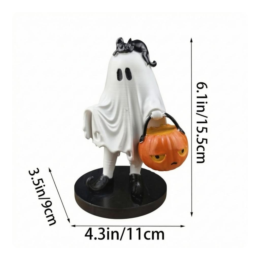 Halloween Ghost Figurine with Pumpkin Basket Resin Sculpted Decor for Shelf Display