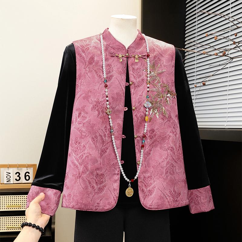 

Elegant Gold Velvet Spring Outfit for Mothers: Chic Vest Jacket for Sophisticated Ladies in Mid-to-Old Age, Perfect for Spring/Autumn. 3XL: 120-135 jin