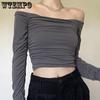 Spring Fall Vintage Sexy Slim T-Shirts Women Harajuku Kawaii Solid Tops Gilr's Korean Fashion Casual Off Shoulder Blouses