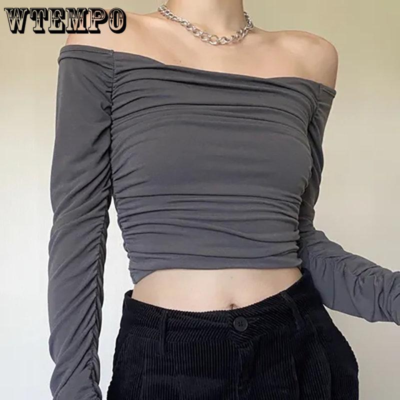 Spring Fall Vintage Sexy Slim T-Shirts Women Harajuku Kawaii Solid Tops Gilr's Korean Fashion Casual Off Shoulder Blouses