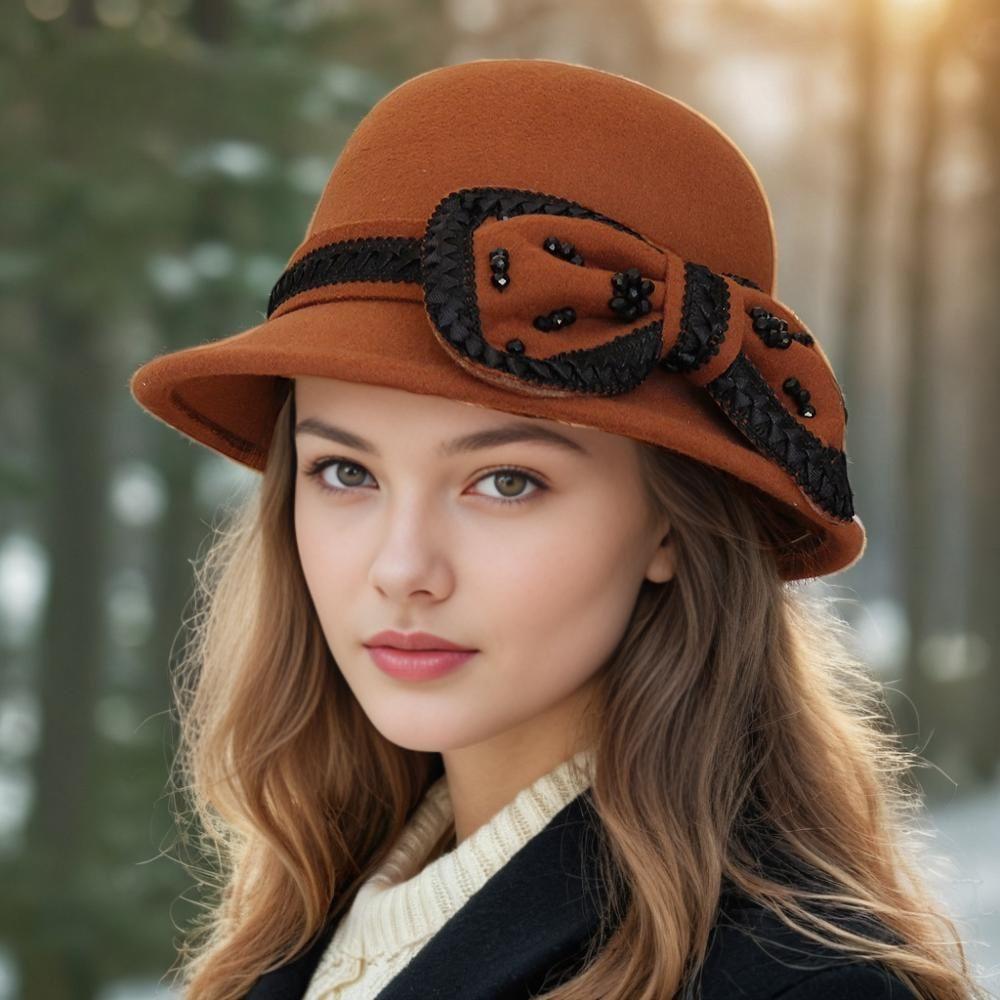 Bow Autumn and Winter Ladies Hat Wool Fashion Winter Top Hat Basin Hat Bucket Hat British Retro