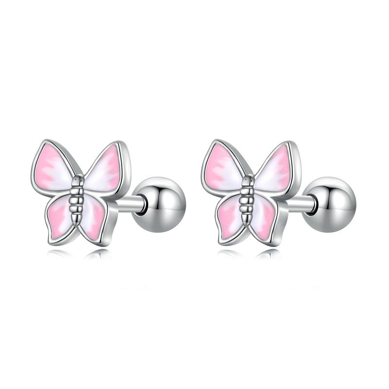 WOSTU Small Pink Butterfly Earrings For Women Real 925 Sterling Silver Lovely Cute Animal Studs Earring Statement Jewelry Gift