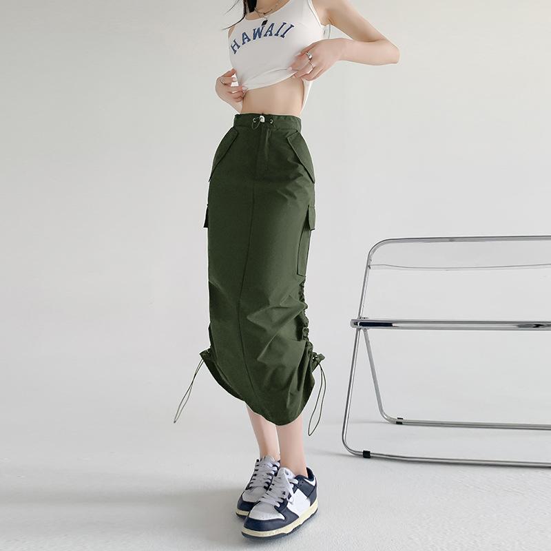 Cargo Midi Skirt Women Summer Slim High Waist Slit A-line Skirt Stitching Drawstring Female Streetwear Vintage Y2K Grey