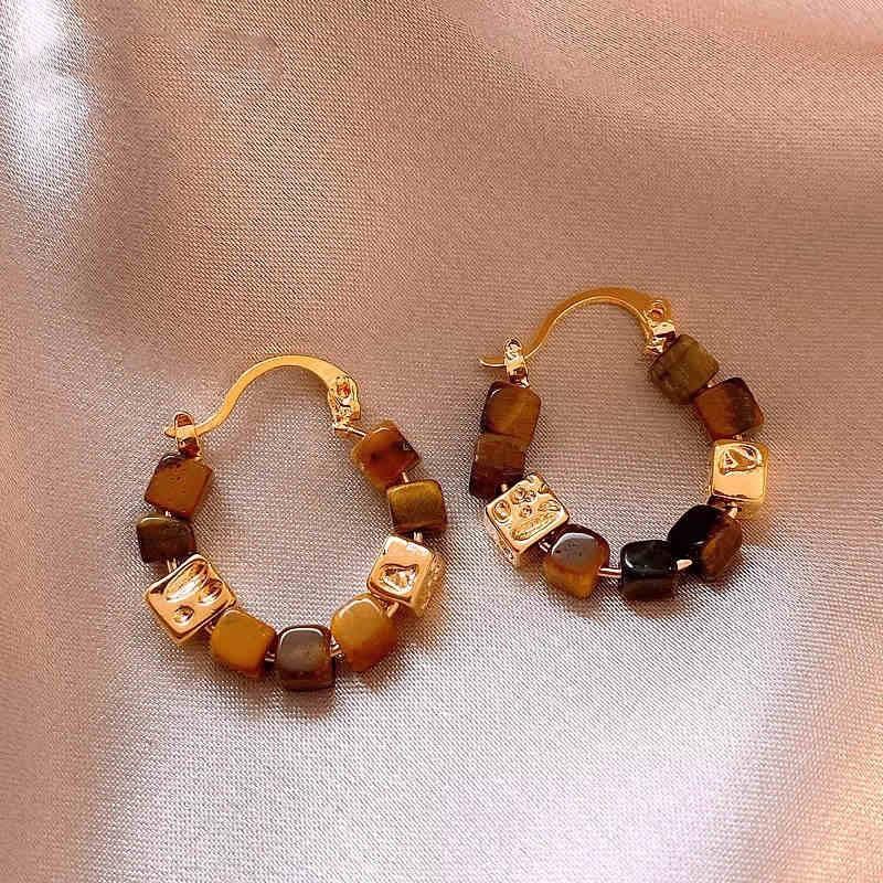 Autumn and Winter Retro Maillard Coffee Color Resin Tiger's Eye Earrings, Ear Buckles, Niche Earrings for Women