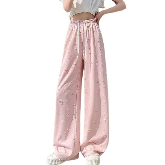 

Women Pants Elastic High Waist Adjustable Drawstring Solid Color Wide Leg Casual Trousers Distressed Holes Design Loose Fit Long Pants рожевий