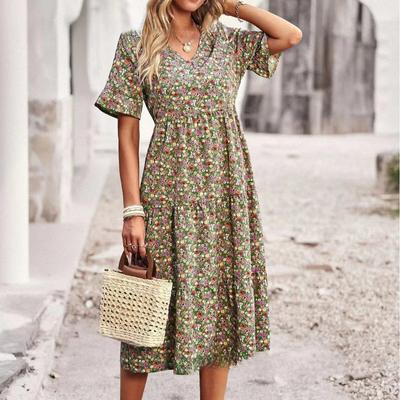Women's Fashion Summer Spring Flower Pattern Print Short Sleeve V-Neck High Waist Casual Dresses