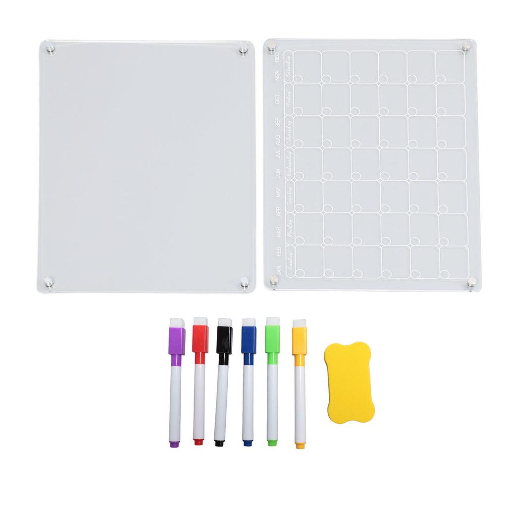 Magnetický akrylový kalendář, opakovaně použitelný, průhledný, suchý, mazací, na lednici, s 6 fixy, 1 guma na desku...