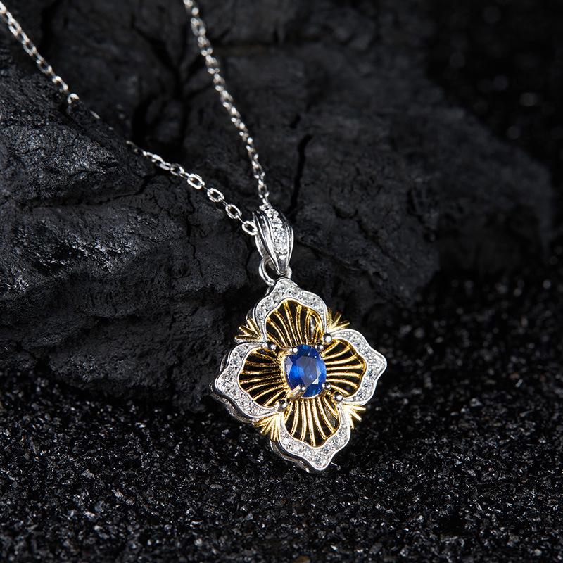 Xiaohongshu Colored Treasure Collarbone Chain S925 Sterling Silver Inlaid With Natural Sapphire Necklace Women'S Light Luxury Earrings Pendant