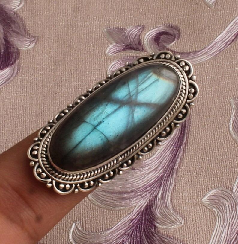 Labradorit Edelstein Ring massiver Stein 925 Sterling Silber blauer Stein Ring für Damen Geschenkidee Edelstein Schmuck ca. 8,5 g