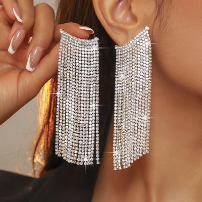 Heavy Industry Shiny Crystal Long Fringed Earrings for Women, Exquisite and Elegant Stud Earrings, Copper Earrings.