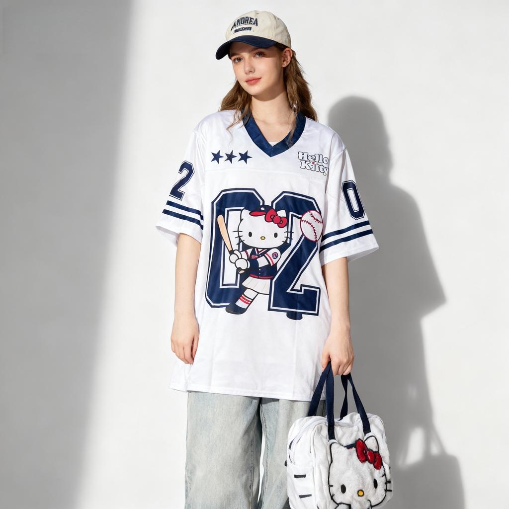 Hello Kitty baseball jacket, sweet and cool street style summer T-shirt, loose women's top.