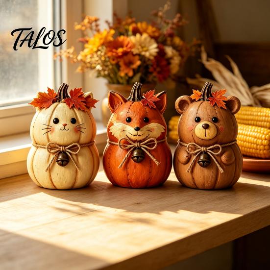 Seasonal Autumn Shelf Display 3PCS Rustic Harvest Wooden Ornaments, Animal Designs Retro Small Pumpkin Figurines Distressed Farmhouse Crafts,