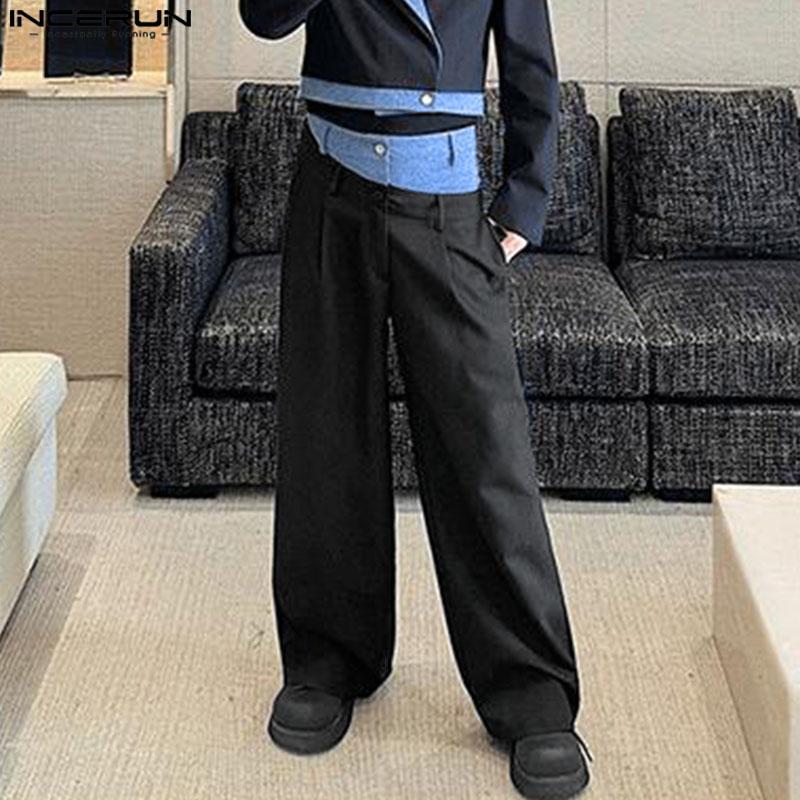 INCERUN Men Patchwork Zip-up Waist Casual Long Straight Pants Trousers