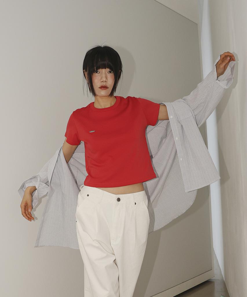 Millieonkoleu Flat Round Neck Short Sleeve T-Shirt_Red