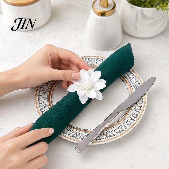 Luxury Table Decor 6Pcs White Lotus Napkin Rings, Chiffon Flower Metal Ring Holders, Faux Wedding Rings Pearl Dinner for Bridal Shower Reusable