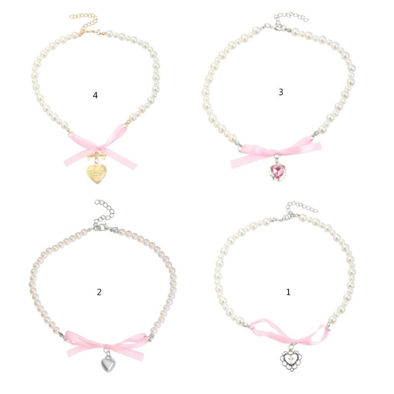 Elegante Halskette mit Perlenanhänger und Herz-Schleife für Frauen, süße, vielseitige Choker-Charme-Halsketten, Modeschmuck, Geschenk