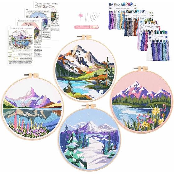 Harimau 4P in Beginner Embroidery Kit,Floral Plant Pattern,Cross Stitch Kits, Including Stamped Embroidery Cloth with 2 Embroidery Hoops, Color