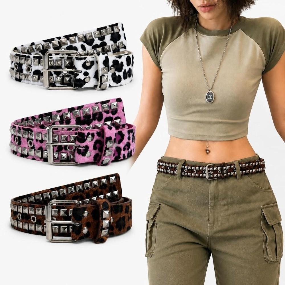 Adjustable Studded Punk Belt Pin Buckle PU Leather Belt Bohemian Leopard Print Belt For Women Men