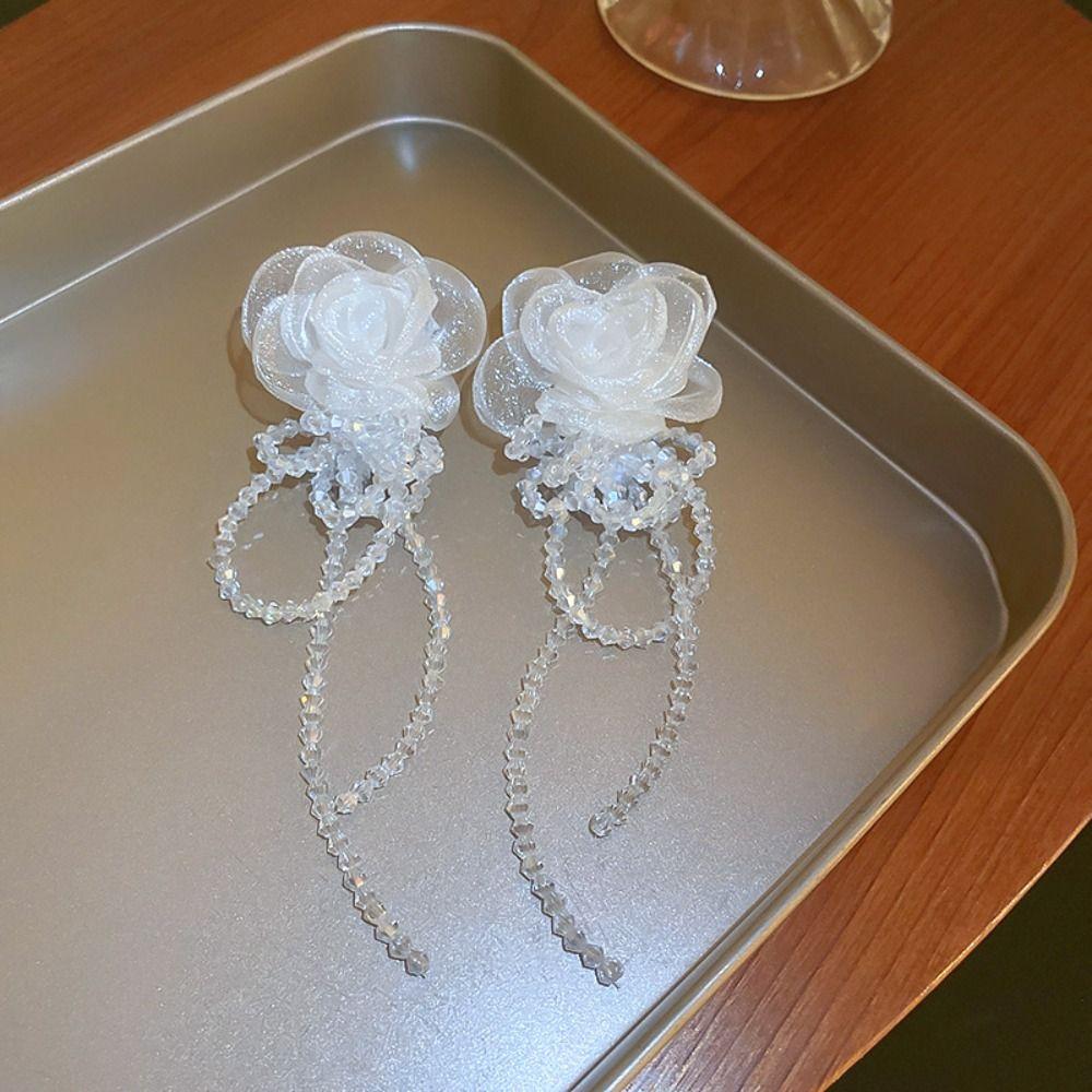 Light Luxury Tassel Earrings Long Crystal Dangle Earrings High-end Gauze Flower Earrings  Daily