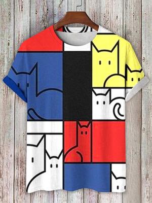 Cartoon Men's T-shirts Mondrian Cat Printed 3D Women's Tshirt Fashion Short Sleeve O-Neck Tee Top Street Men Clothing