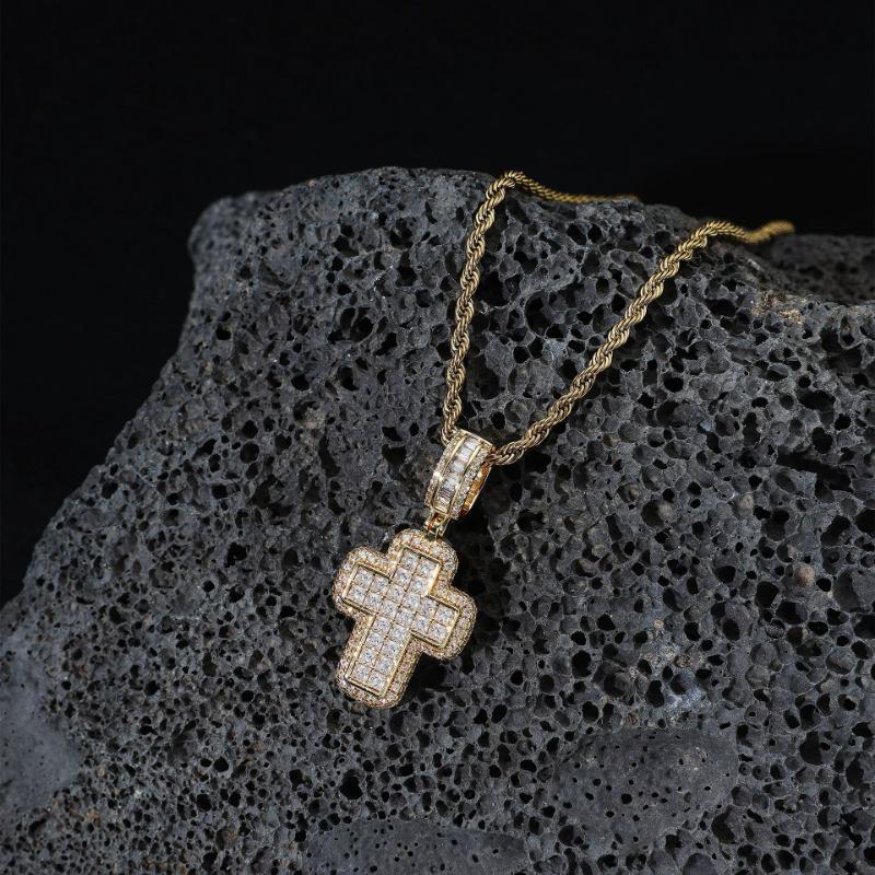 Baguette Cut Iced Out Double Layer Cross Pendant Necklace For Men/Women Gold Plated Stainless Steel Hip Hop Jewelry