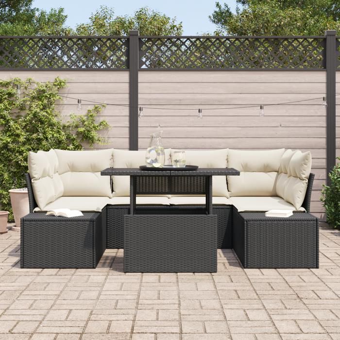 VidaXL Ensemble de canapé de jardin 7 pièces avec coussins Noir Poly Rattan 3357850