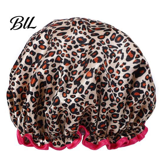 Women Shower Cap Leopard Zebra Dot Printing Double Layer Protection Lace Waterproof Hair Hat with Elastic Band Makeup for Long A