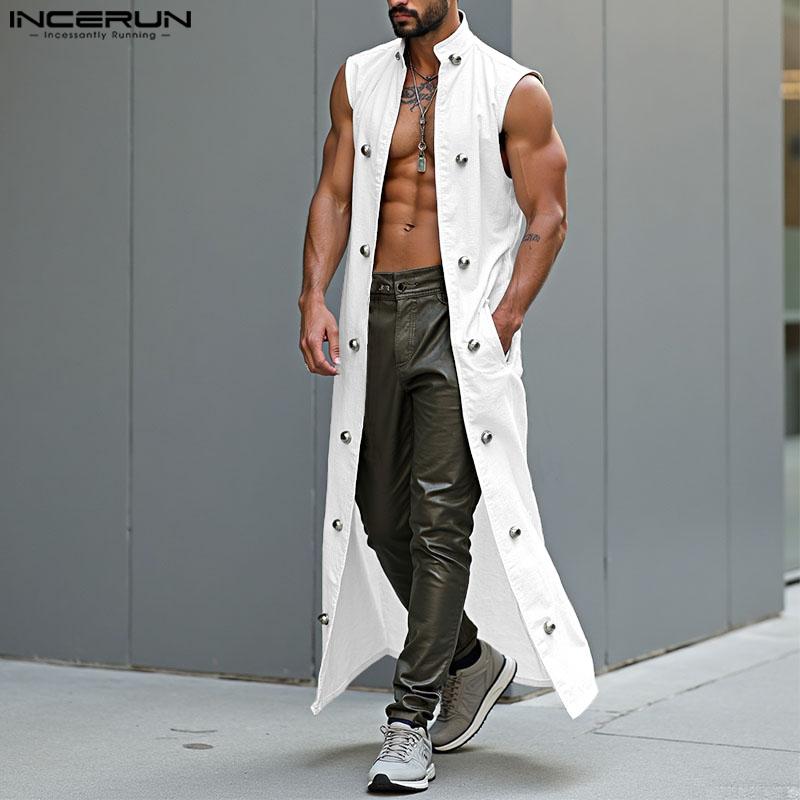 INCERUN Men Satnd Neck Sleeveless Open Front Decorative Buttons Casual Long Cardigan