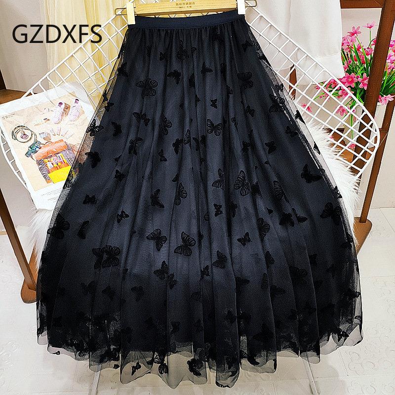Butterfly Flocking Fairy Mesh Skirt Skirt Skirt Skirt Autumn and Winter Splicing Pleated Skirt Mid-length A-line Skirt