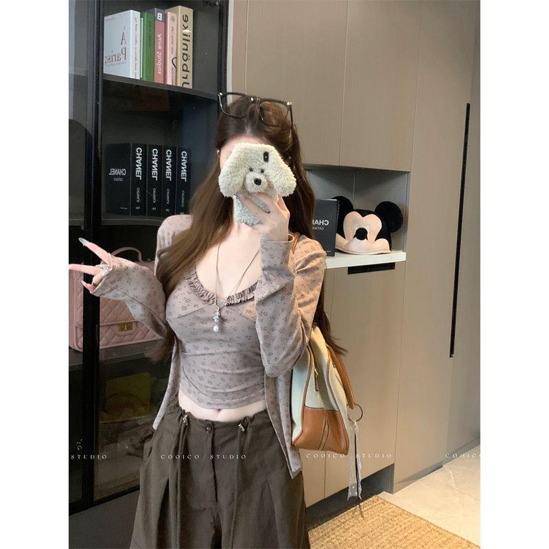 

Кумикуми Дизайнерское Чувство Кофейный Цвет Цветочный Кардиган Верхняя Одежда Женская одежда Осень Накидка Слим Жилет Слинг Комплект из двух предметов Curry Two-piece set S