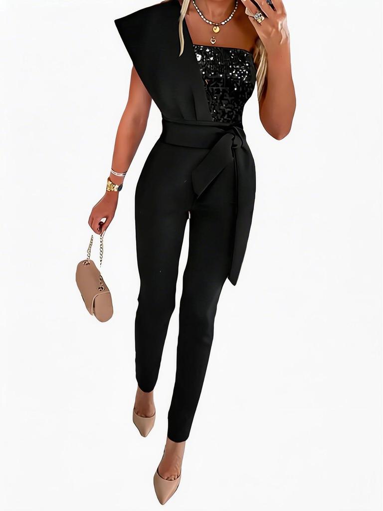 2026 Summer Luxurious Sequin One-shoulder Jumpsuit: A Chic Socialite Style