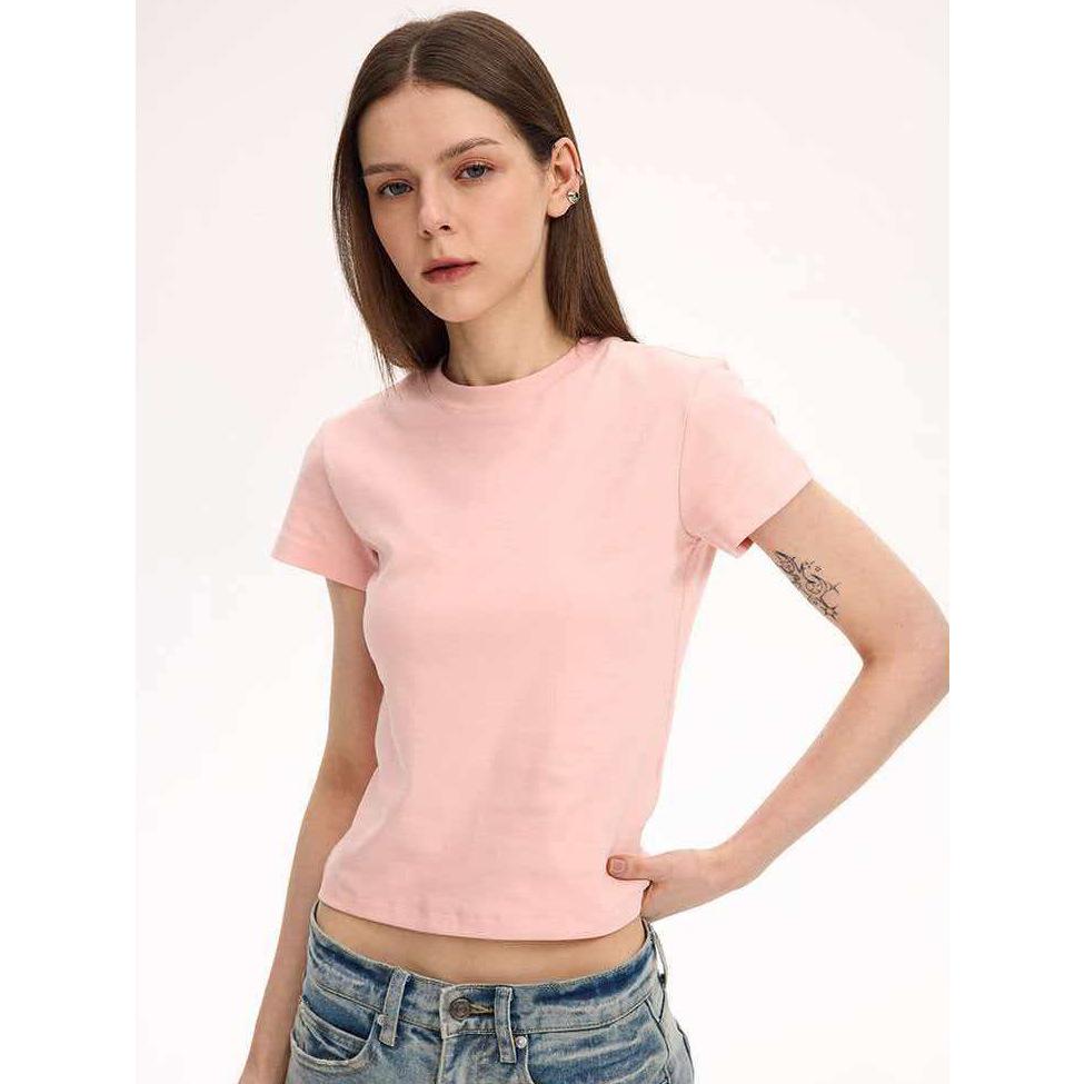 Korean Pink Slim-fit Short-sleeved T-shirt Women's Summer New Front Shoulder Crew Neck Thin Chic Bottoming Shirt