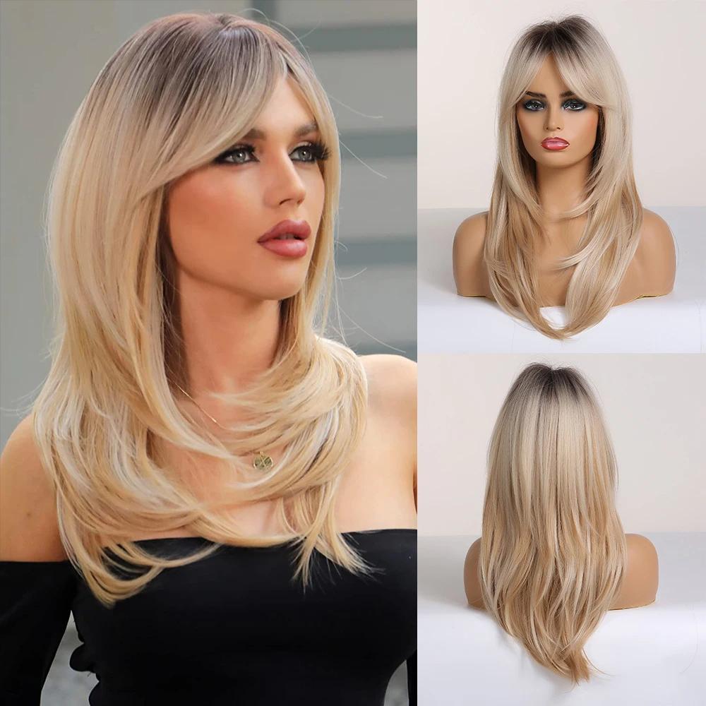 

LOUIS FERRE Длинные прямые синтетические парики с челкой Ombre Парик от медово-коричневого до светлого цвета для женщин Ежедневное использование Термостойкие искусственные волосы