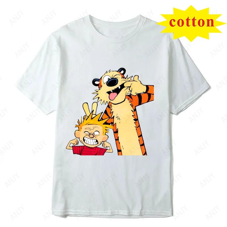 Calvin And Hobbs Tiger Hug Printed Tshirt American Retro Comic Unisexs And Unisexs Short Sleeve Shirt