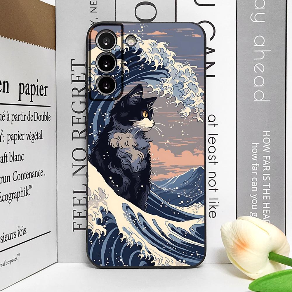 Japan The Great Wave of Kanagawa Cat Phone Case for Samsung Galaxy S22 Plus S20 S21 FE S23 S24 S25 Ultra Soft Covers Art Fundas
