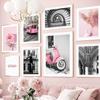 Wall Art Canvas Painting Pink Vintage Motorcycle Car Flower Black White Build Living Room Decor Posters And Prints Wall Pictures
