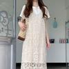Großformatiges Sommer-Retro-Schicht-Häkelkleid & Schwarzes T-Shirt Set für Damen