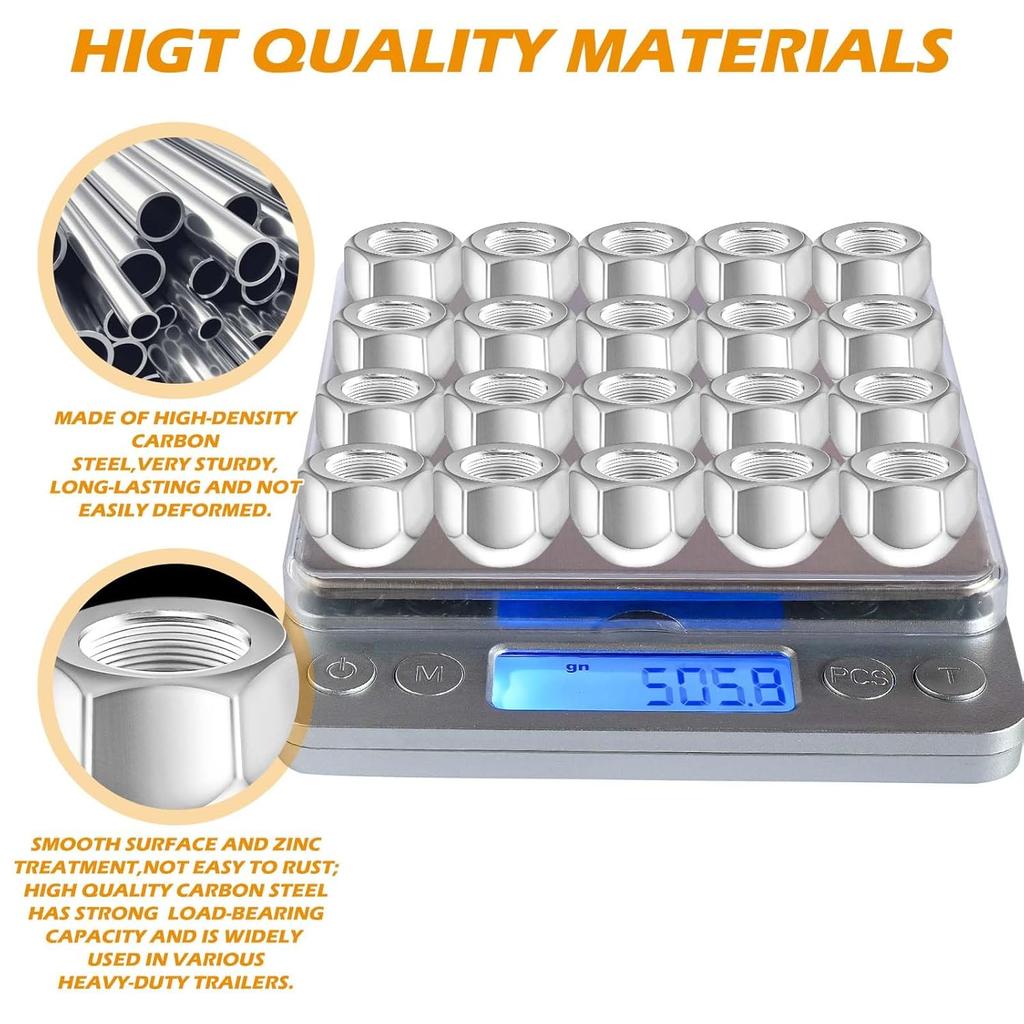20 PCS 1/2-20 Inch Zinc-Plated Steel Trailer 509 Lug Nuts Fit For 1/2" Wheel Lug Studs Dexter EZ Lube Trailer Camper RV Truck, Axle Hub Tire Open End