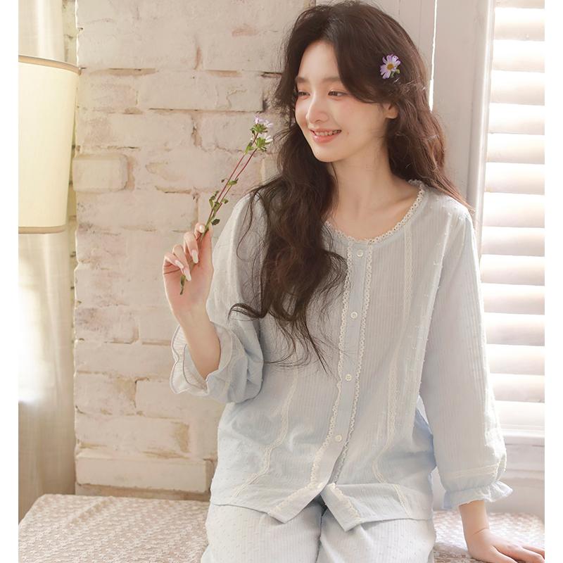 Qingmu Women's Gauze Nine Sleeve Pants Home Clothes Set