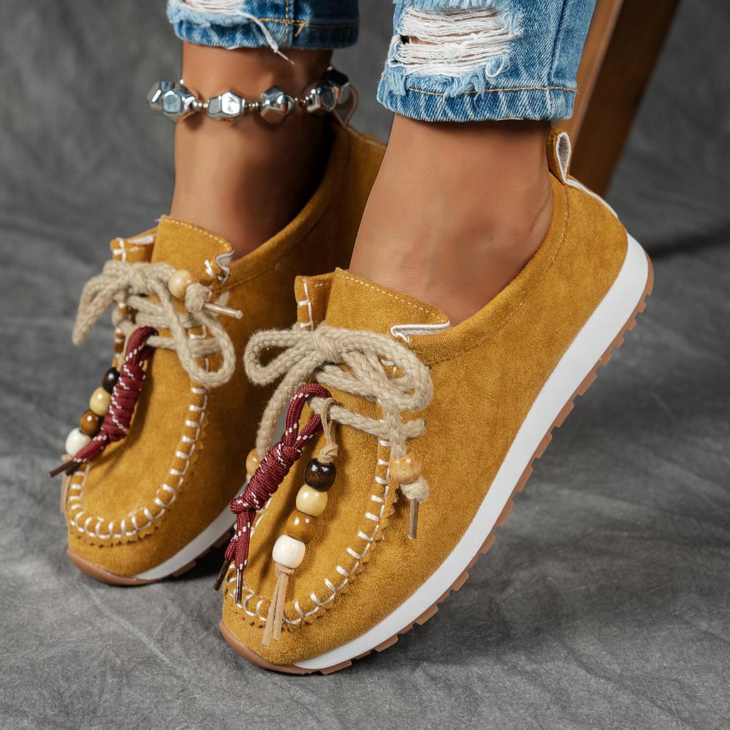 Ethnic style beaded loafers women's autumn new foreign trade large size front lace-up Doudou shoes