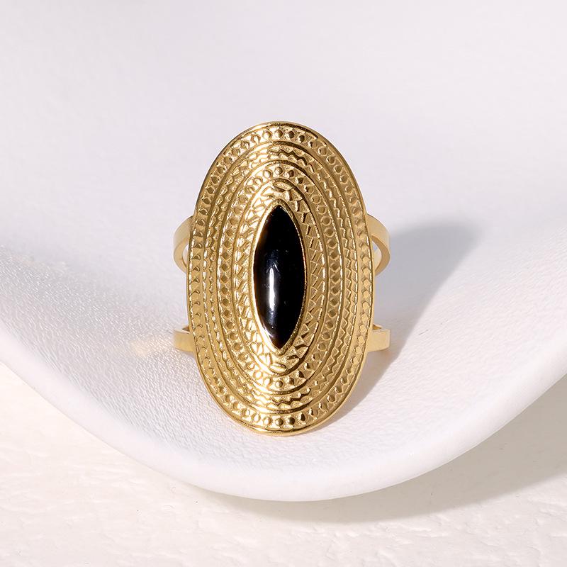 Retro Geometric Adjustable 18K Gold-Plated Wide Band Stainless Steel Ring