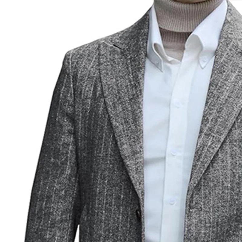 Autumn Winter Men's Striped Woolen Coats England Style Business Casual Turn Down Collar Long Outerwear